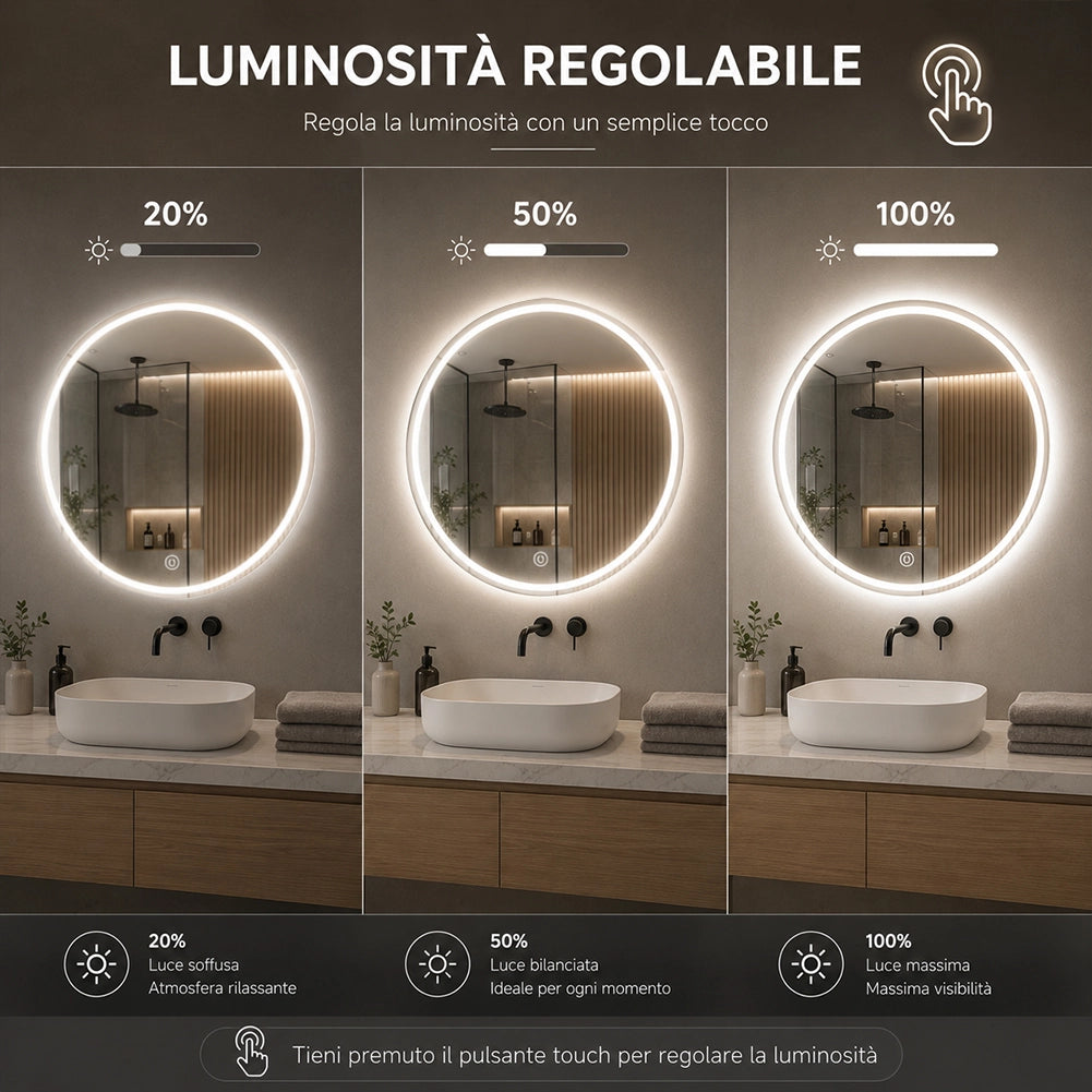 Specchio Tondo Diametro 60 cm con Led a 3 Colori Dimmerabile Accensione Touch