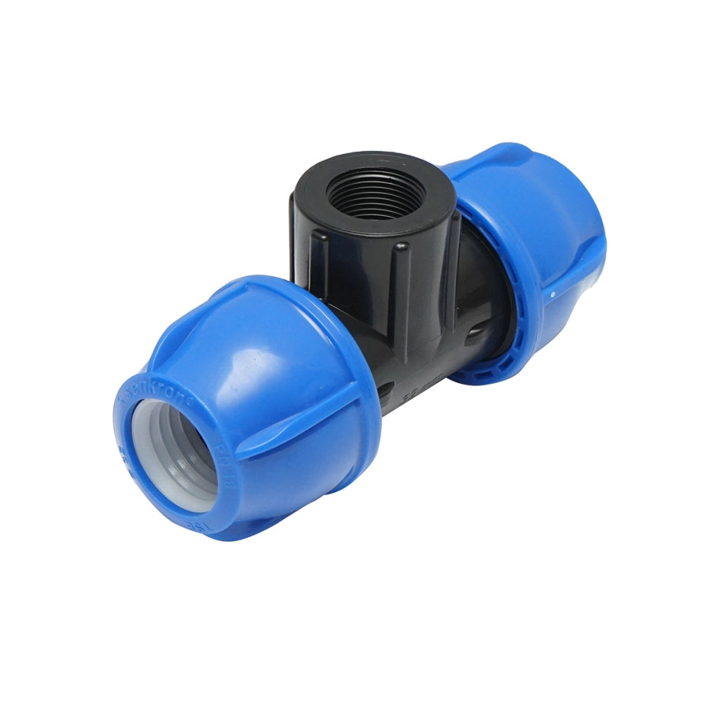 Quadrato a T di compressione con filettatura interna femmina a 90 gradi D32x32mmx3/4, PN16 bar per sistemi di irrigazione.