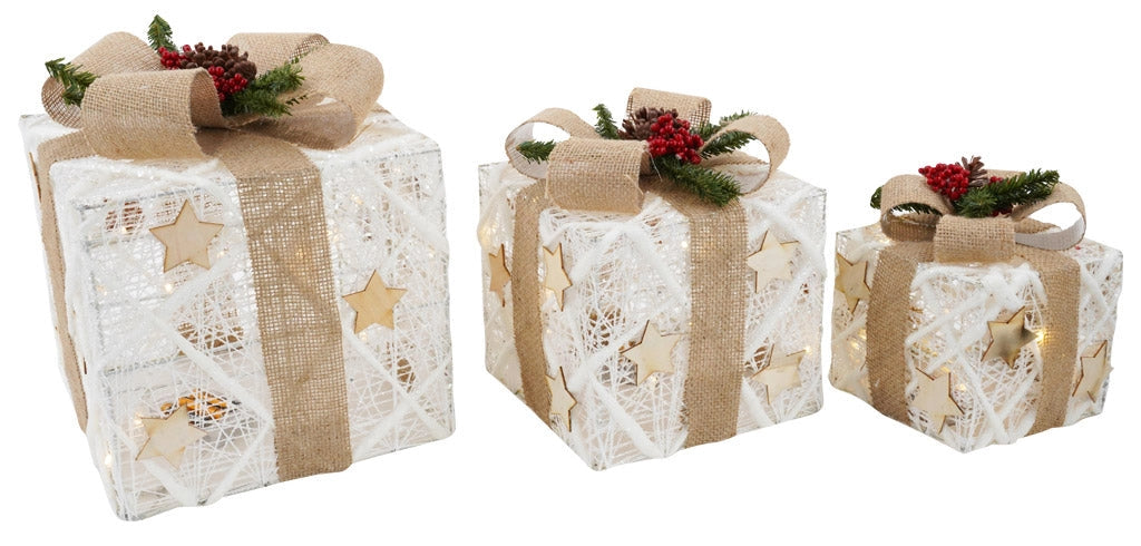 Set 3 Pacchi di Natale con LED in Plastica Oro con Stelle