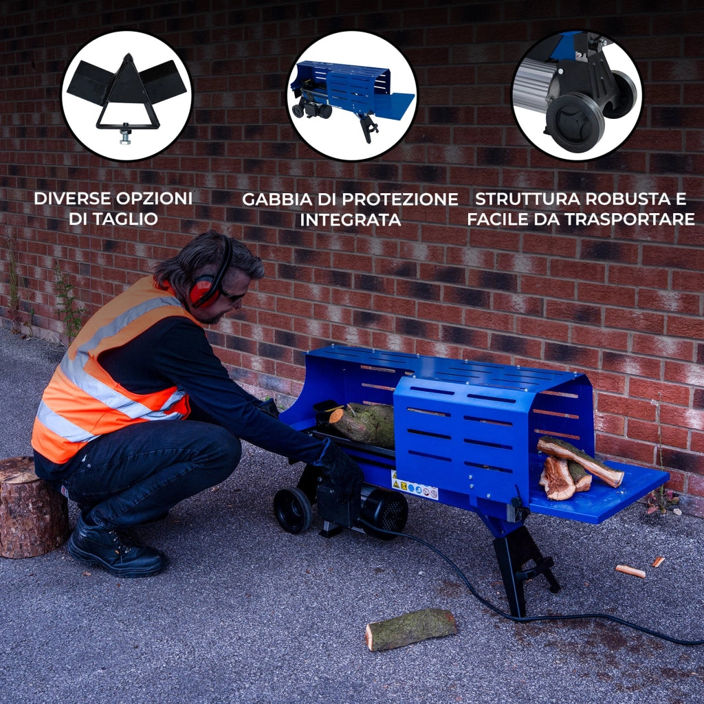 Spaccalegna Elettrico Orizzontale per Legno Massiccio Taglia Legna Idraulico con 2 Cunei per 3 o 4 Pezzi Potente Motore 2200W Diametro Tronchi 5-25cm - Spinta 7T