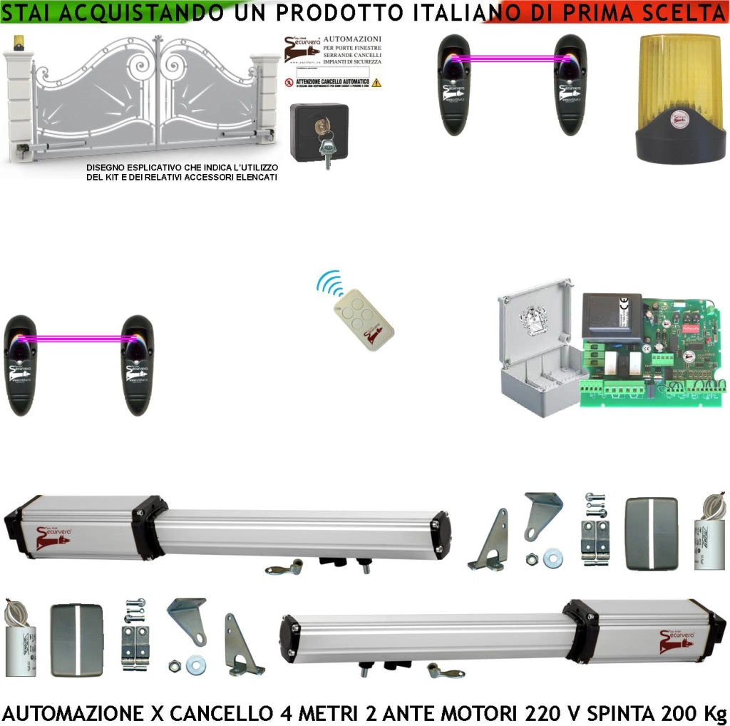 Cancello Automatico 4 Metri 2 Ante da 2 MT Kit 2 Motori Elettromeccanici 230 V Corsa 300 mm Spinta 2 Q.li Sblocco Staffe Radiocomando 2 Coppie di Fotocellule Selettore 2 Chiavi Faro Cartello Monitore