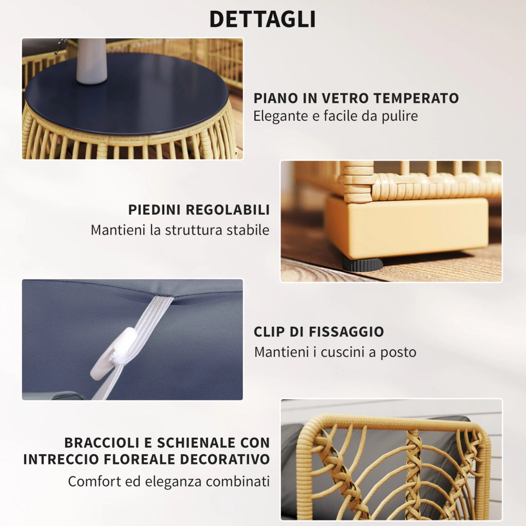 Divano da Giardino in Polyrattan con Cuscini e Tavolo ¨C Minimal ¨C Grigio