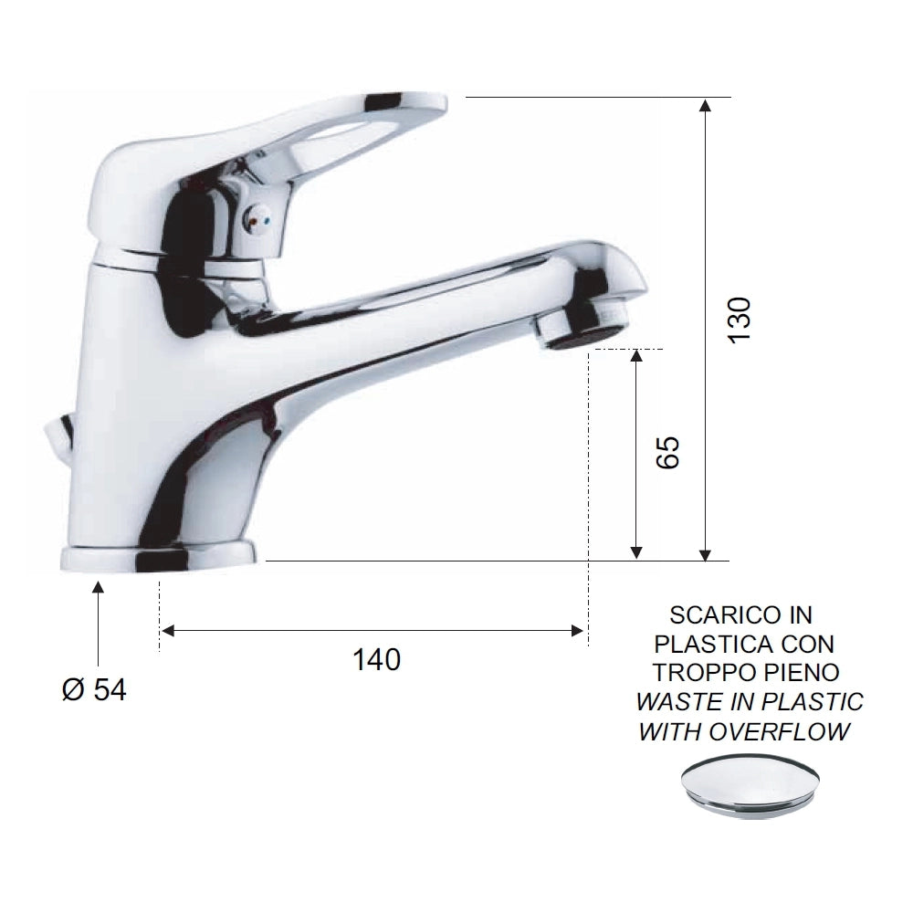 Rubinetto lavabo con scarico in plastica e bocca lunga - serie kiss