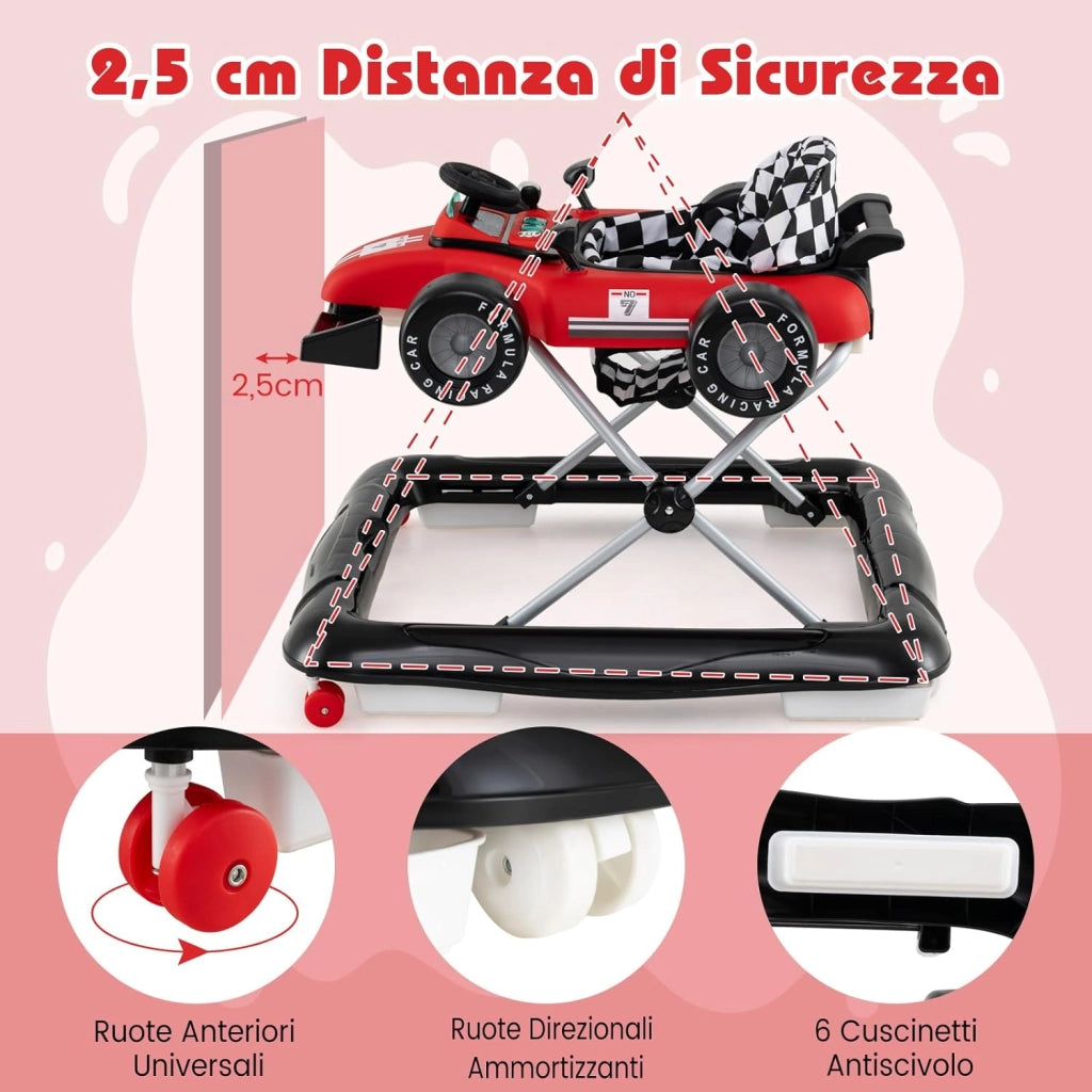 4 in 1 Girello per Bambini, Altezza Regolabile a 3 Livelli, Passeggino per Bambini, con Volante Imbottito e Scatola Musicale, Portata 12 kg, per Bambini 6-18 Mesi (Rosso)
