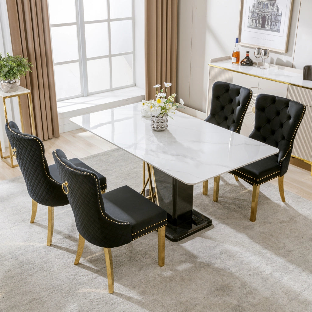 OKWISH Set di 4 Sedie da Pranzo con Anello Sullo Schienale, Borchie Decorative e Piedini Regolabili, Velluto Nero