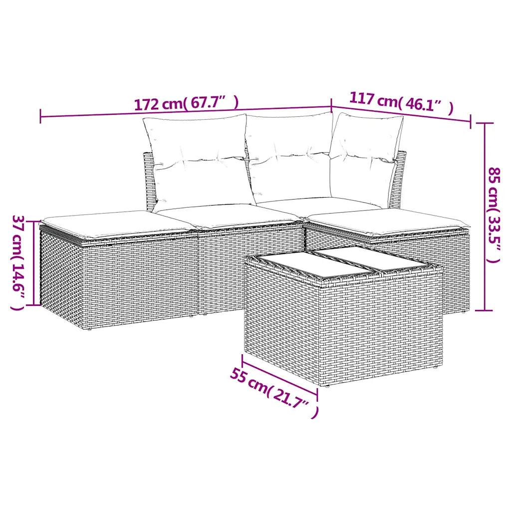 Set Divano da Giardino 5 pz | Set Salotto da Giardino con Cuscini Marrone in Polyrattan
