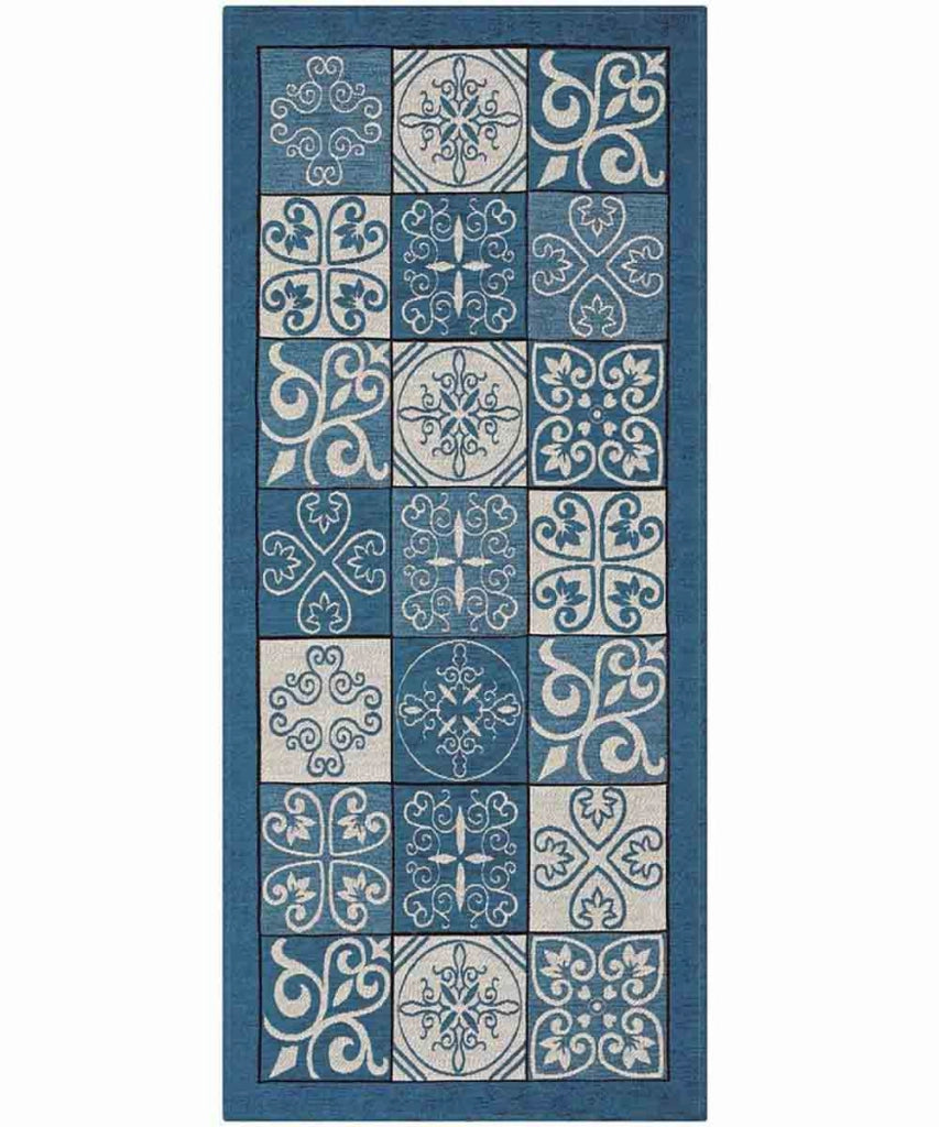 Tappeto disegno MAIOLICA BLU JEANS decorazione piastrelle ceramica, passatoia cucina multiuso lavabile in lavatrice e anti-scivolo cm.55x190
