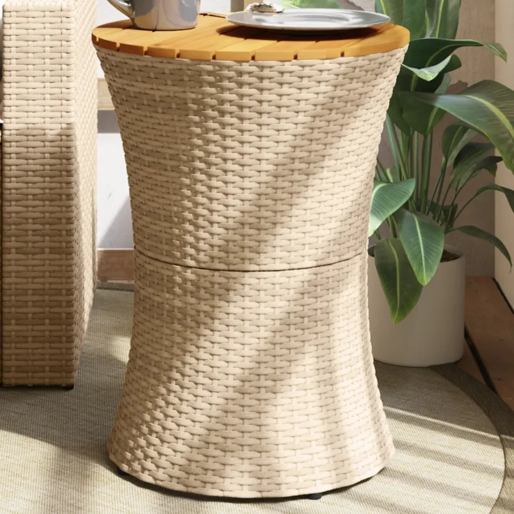 Tavolino-Tavolino da soggiorno-Tavolo Giardino Forma Tamburo Beige Polyrattan Legno Massello