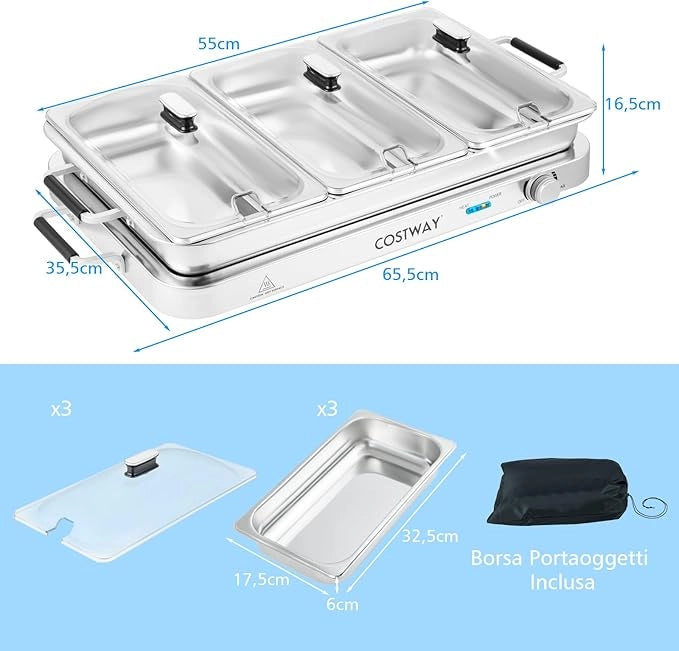 9 L Scaldavivande Elettrico Portatile, 2 in 1 Vassoio Riscaldante Elettrico con Controllo della Temperatura, Scalda Vivande in Acciaio da 450W con 3 Vassoi, per Buffet Feste