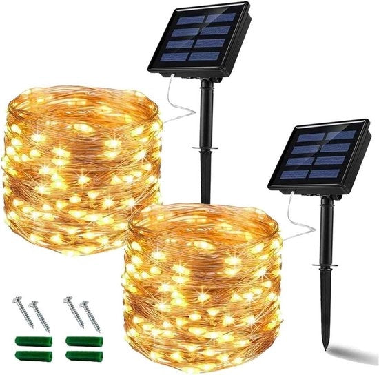Decorazione di Natale all'aperto Filo di luce alimentato da energia solare 12 m 120 led IP64 impermeabile - catena di luce in filo di rame - Natale feste giardino matrimoni decorazione caldo bianco - 2 pezzi