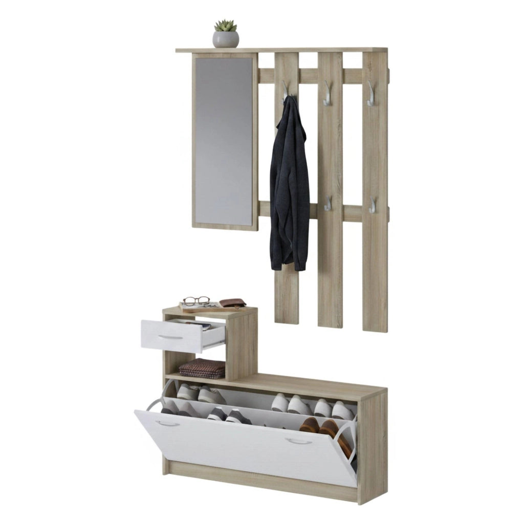 Mobile da ingresso Dazio, Entratina moderna con specchiera, Mobile con scarpiera, Mobile svuotatasche, Cm 100x25h181, Bianco e Rovere