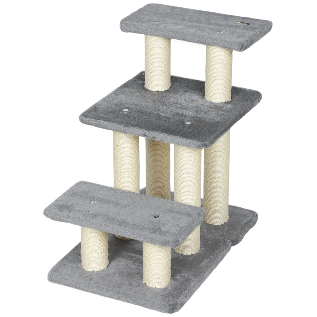 Scaletta per Cani e Gatti con 3 Scalini in Peluche e Pali Tiragraffi in Sisal. Capacit¨¤ 10 kg. Grigio