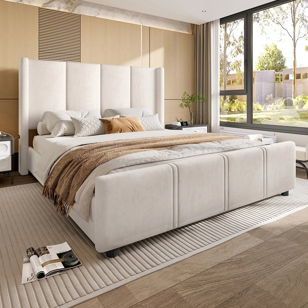 Letto-Xylo-140x200 cm-testiera alta, USB, ferro+legno, beige