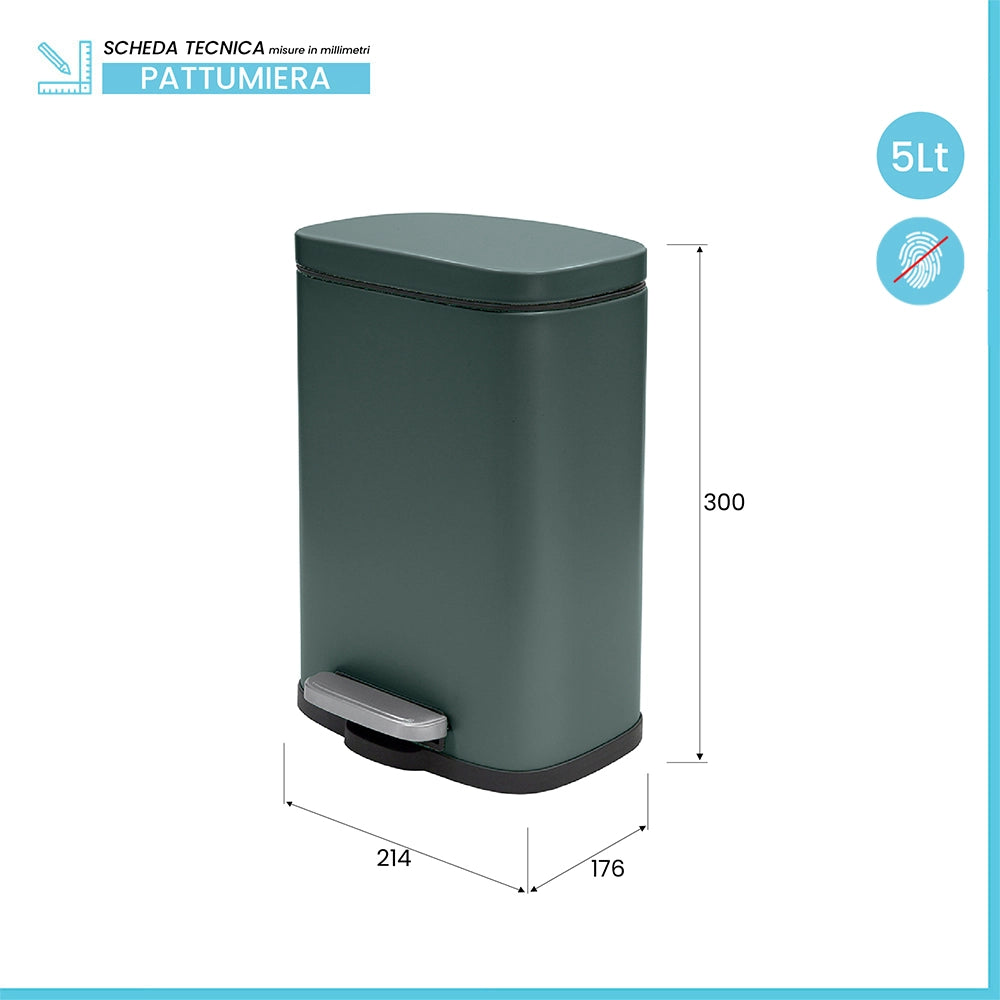 Set pattumiera 5lt a pedale e portascopino in acciaio verde scuro opaco Axin
