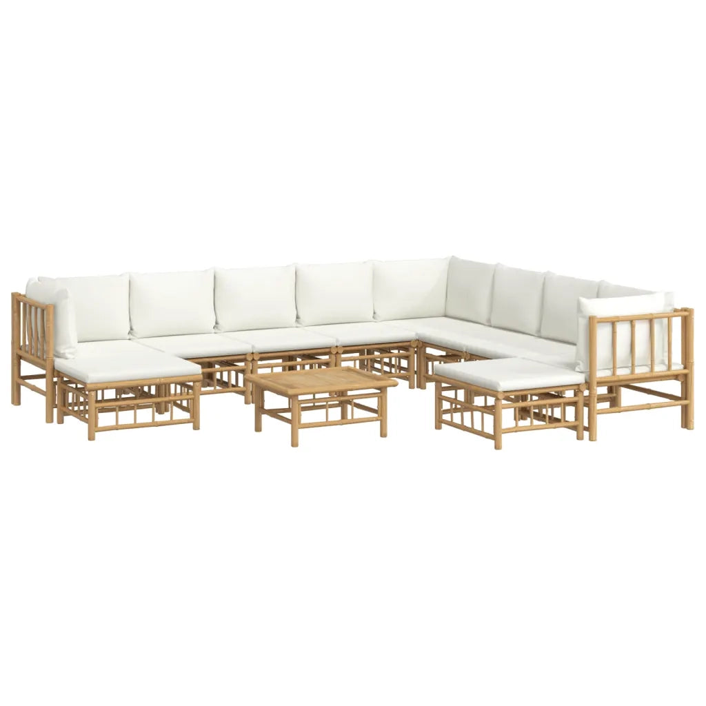 Set Salotto da Giardino 11pz con Cuscini Bianco Crema in Bambù 3155193