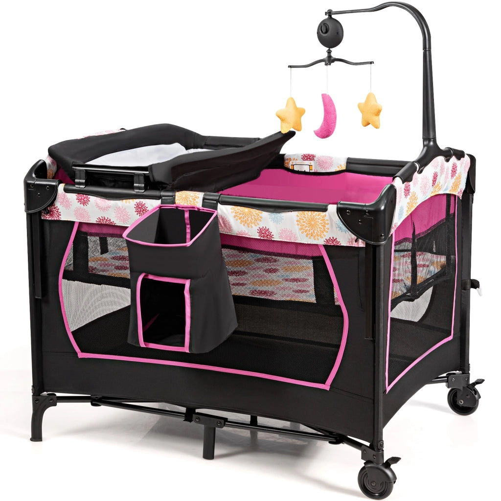 Box portatile 3 in 1 per bambini, Letto pieghevole con tasca carillon giocattoli carini, Rosa
