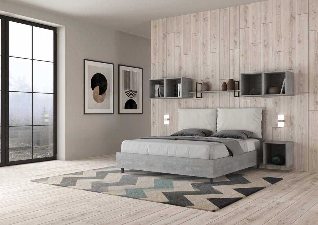 BS COM Letto matrimoniale con rete 160x200 Cemento cuscini similpelle bianco