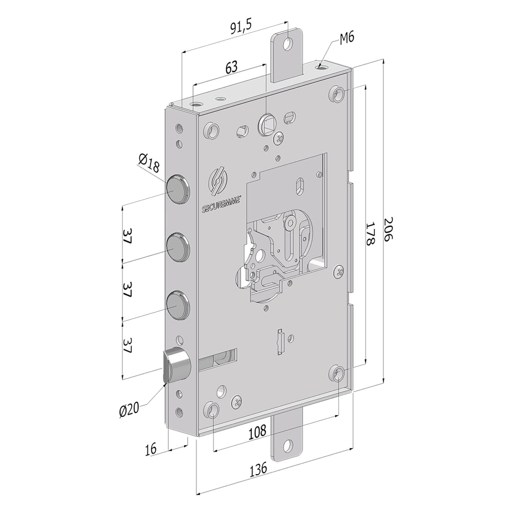 SERRATURA DA APPLICARE TRIPLICE PER PORTE BLINDATE SENZA NUCLEO '250' interasse pistoni 37 mm  - DX  - SECUREMME