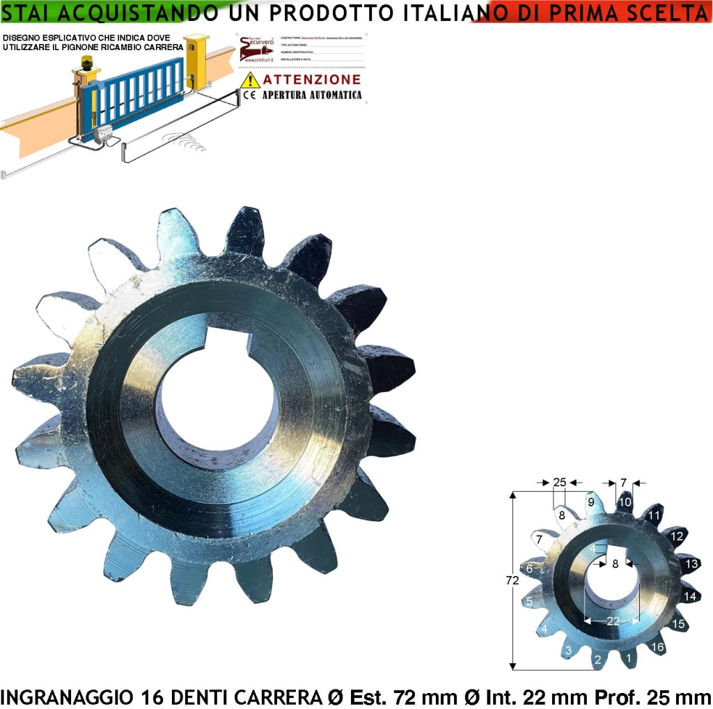 Ingranaggio Pignone Esterno 16 Denti Per Cremagliera Cancello Scorrevole Universale M4 in Acciaio Ricambio Motore Carrera 113000/1 Ø Ex 72 mm Ø foro 22 mm Zeppa di Fissaggio Spessore 25 mm