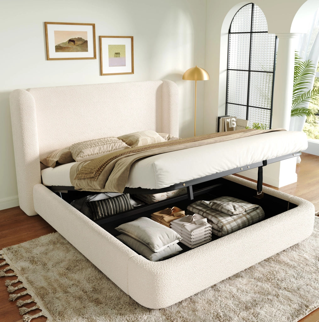 Letto imbottito con contenitore e testiera in bouclé beige