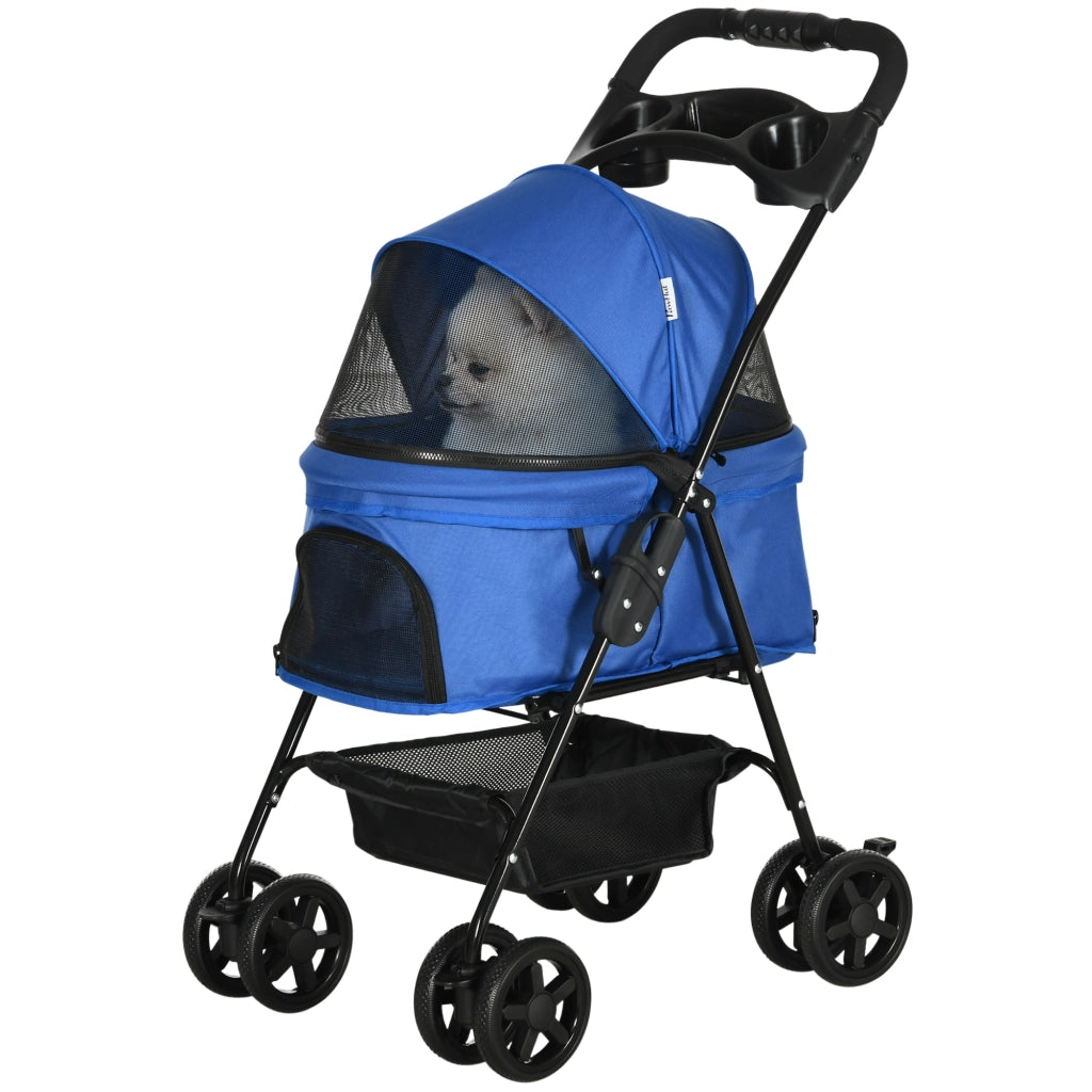 Passeggino per Cani Pieghevole con Guinzaglio di Sicurezza e Cestino Portaoggetti, Blu