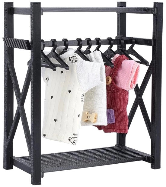 Armadio per bambole 15 x 8 x 18 cm - Plastica - Set di 11 mobili per bambole - Ganci per vestiti - Accessori di archiviazione - Nero - Mobili per bambole