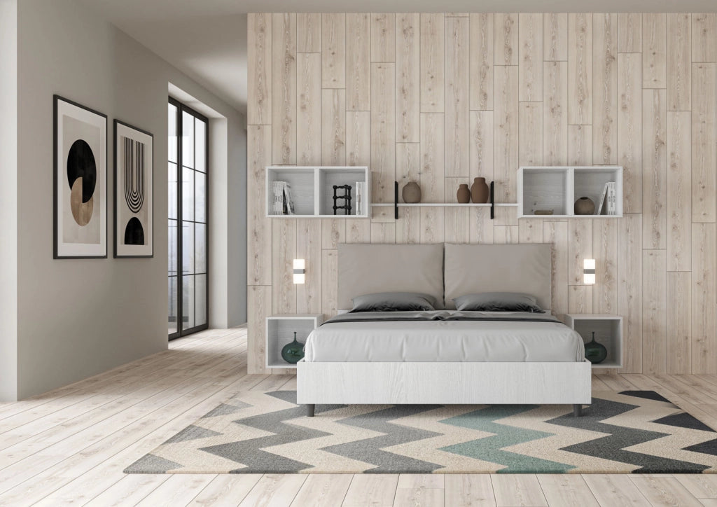 BS COM Letto matrimoniale contenitore 160x190 bianco frassino cuscini similpelle tortora