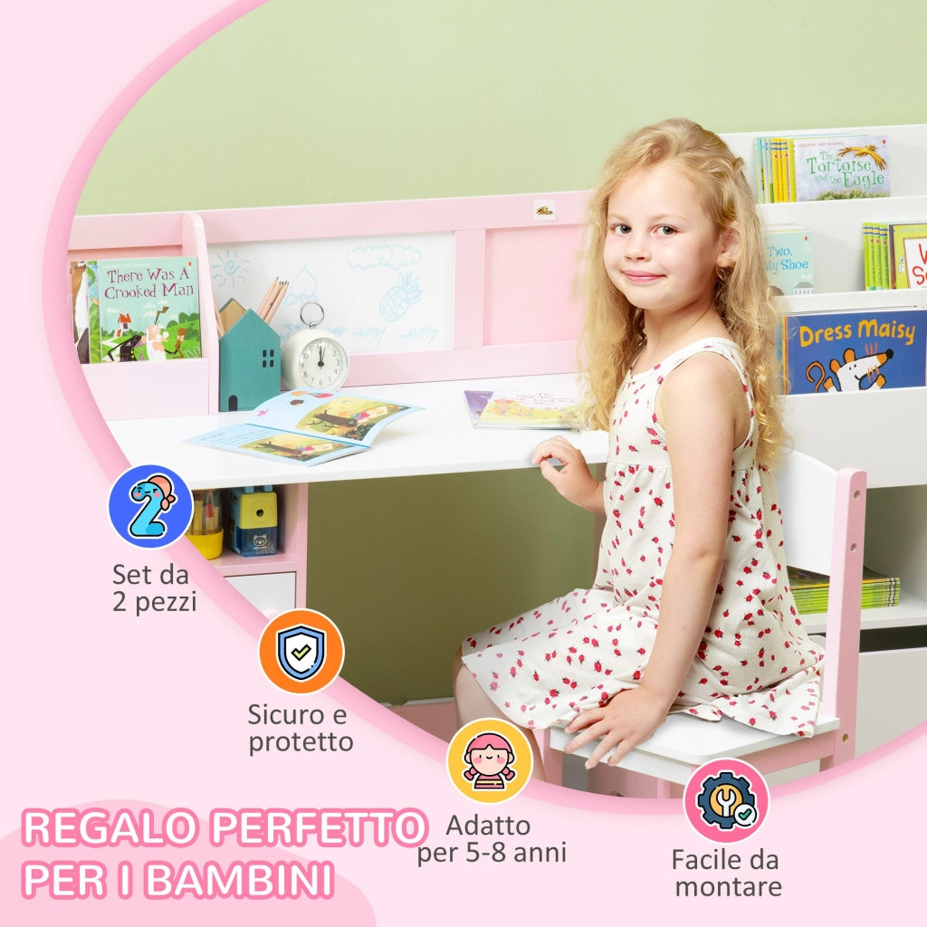 Banco Scuola per Bambini con Sedia in Legno Bianco e Rosa