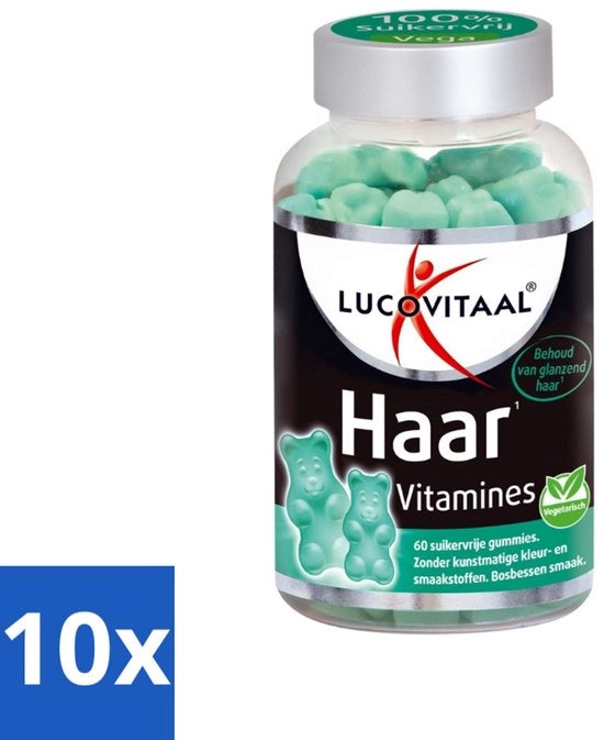 10 x Supplemento per Capelli - Vitamine per Capelli - Senza Zucchero - Sapore di Mirtilli - 60 Gomme - Vitamine per Capelli - Crescita dei Capelli - Biotina - Zinco - Gomme Senza Zucchero