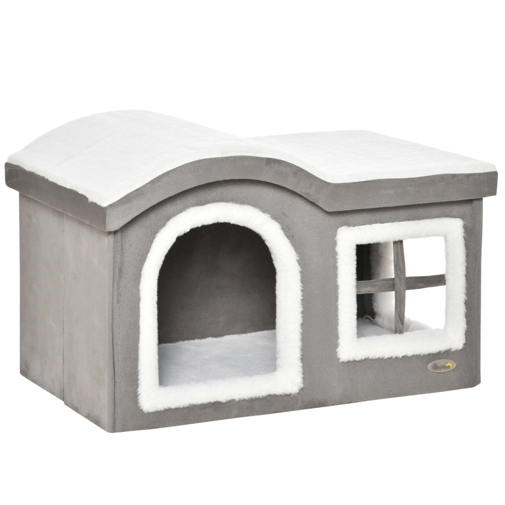 Casetta per Gatti da Interno con 2 Entrate e Finestra. Cuscino e Base Antiscivolo. 63.5x37x40cm. Grigio