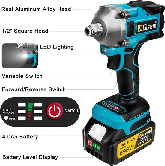 Slagmoersleutel elettrico - LED Werklicht - Borstelloso - Incluso: 2x Batteria, 1x Ricarica, - 520Nm - 18V - Blu