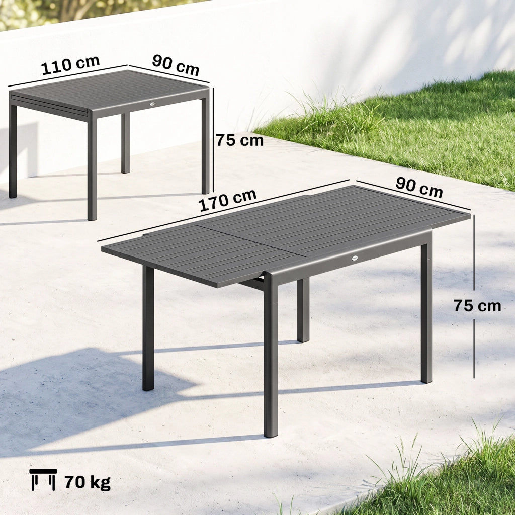 Tavolo da Giardino Allungabile per 6-8 Persone con Piano a Doghe, in Alluminio, 110-170x90x75 cm, Grigio Scuro