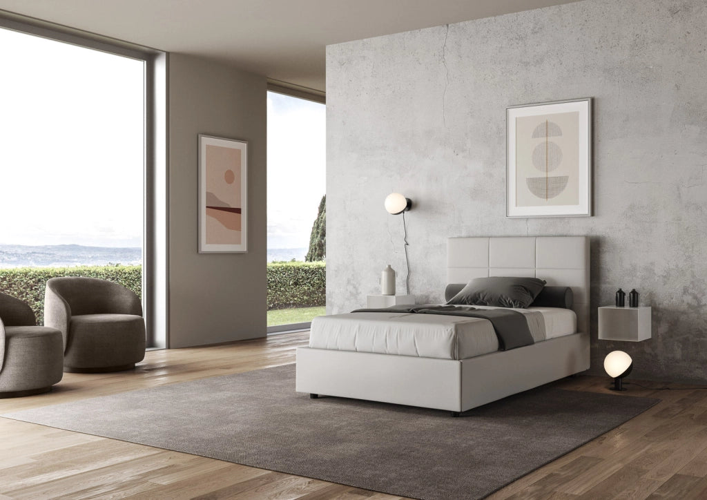 Letto Matrimoniale Francese 140x210 cm con Rete e Contenitore Mika Bianco
