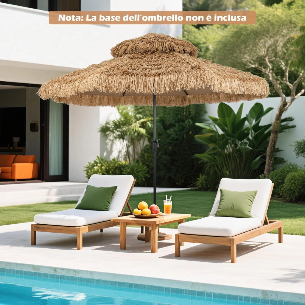 Ombrellone da Spiaggia 300 cm, Ombrellone Hawaiano in Paglia PE con 8 Stecche, Manovella Manuale, Inclinazione Regolabile, Ombrellone Portatile per Spiaggia, Patio