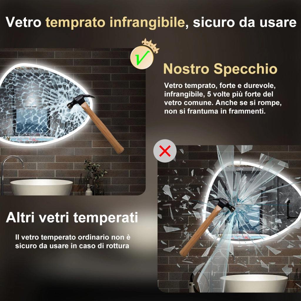 specchio forma irregolare 100x80 cm retroilluminato con luce a 3 colori, touch e pellicola antideflagrante
