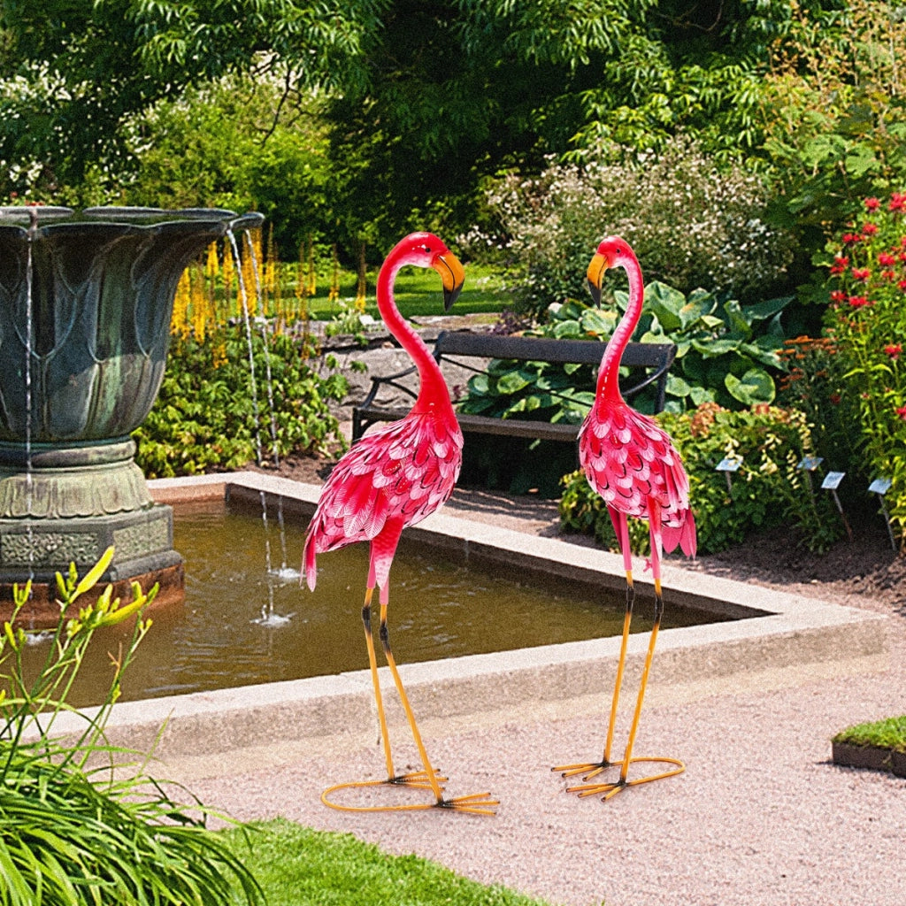 Statua scultura fenicottero da 2 pezzi con telaio in metallo, Fenicottero ornamentale per cortile giardino-Decorazioni da giardino