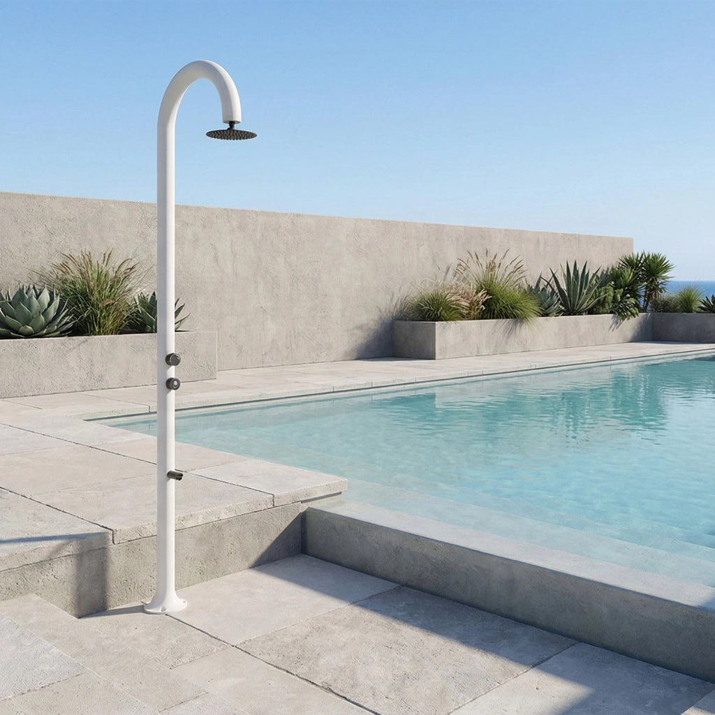 Sined Luna Timer p Bianca Doccia In Alluminio Doppio Attacco Acqua Fredda Laterale o Inferiore Su Un Unico Tubo Interno Doccia Acqua Fredda Temporizzata Con Soffione Lavapiedi e Miscelatore Bianco