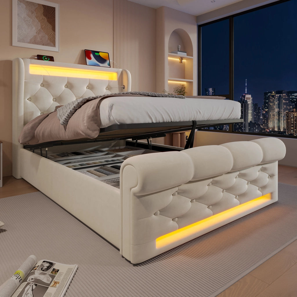 Letto Contenitore 90 x 200 cm Idraulico con LED, USB e Type-C, in Velluto Beige