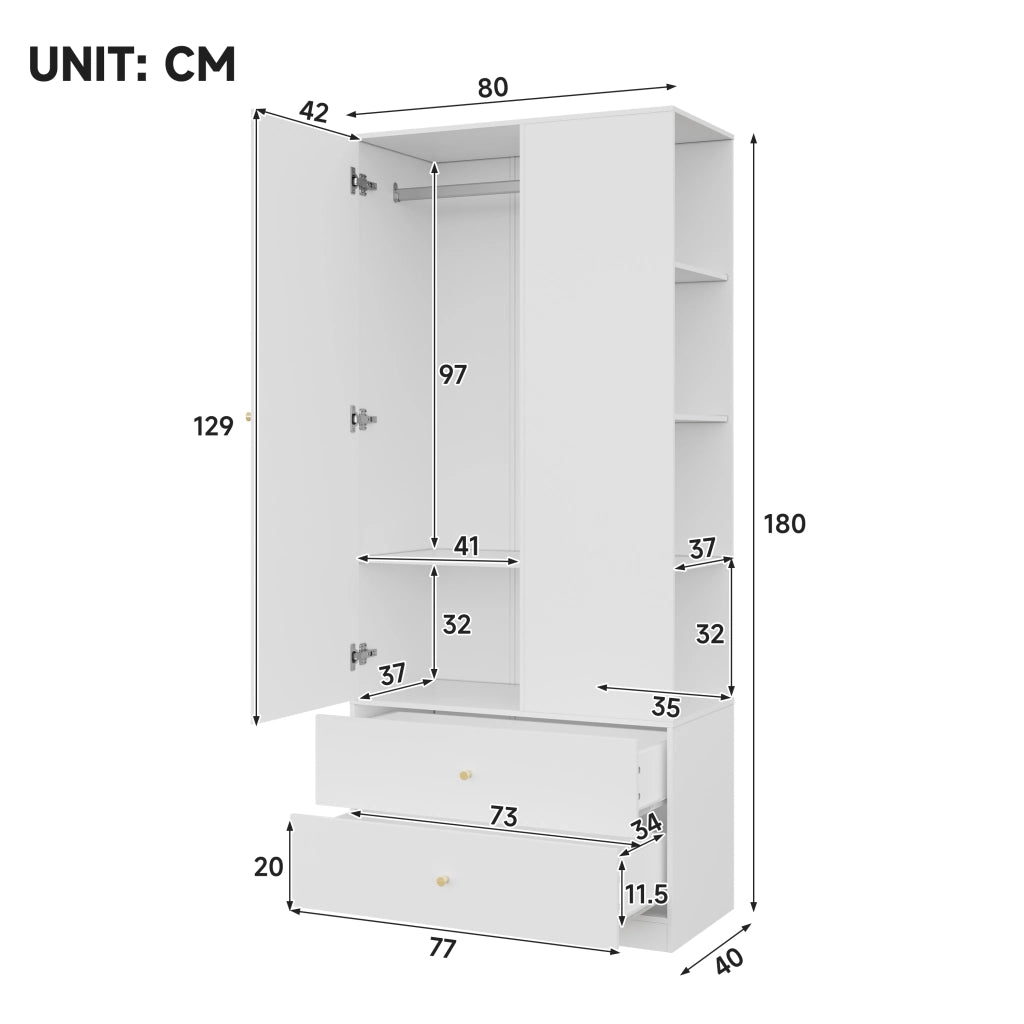 Armadio con specchio; 1 anta; 2 cassetti e 4 vani; per camera e ingresso; in MDF; bianco