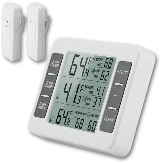Termometro di temperatura per frigorifero digitale - formato compattibile - 2 sensori - allarme acustico - adatto per uso domestico e commerciale - tecnologia wireless - rileva temperatura di congelamento