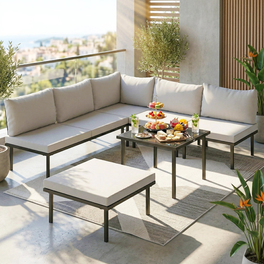 Set Divano Angolare Giardino 6 Posti con Cuscini ¨C Minimal ¨C Grigio Chiaro Metallo