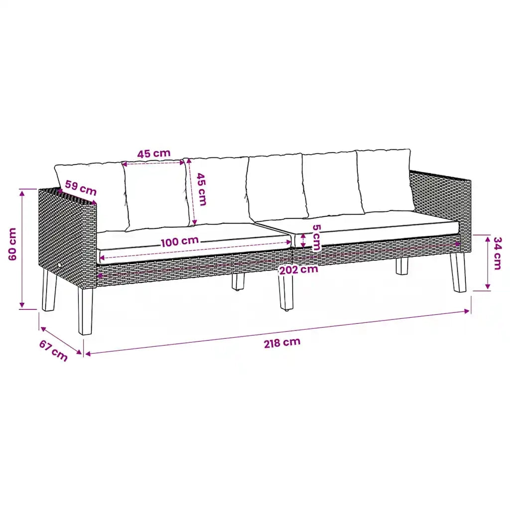 Divano da Giardino a 3 Posti con Cuscini in Polyrattan Nero