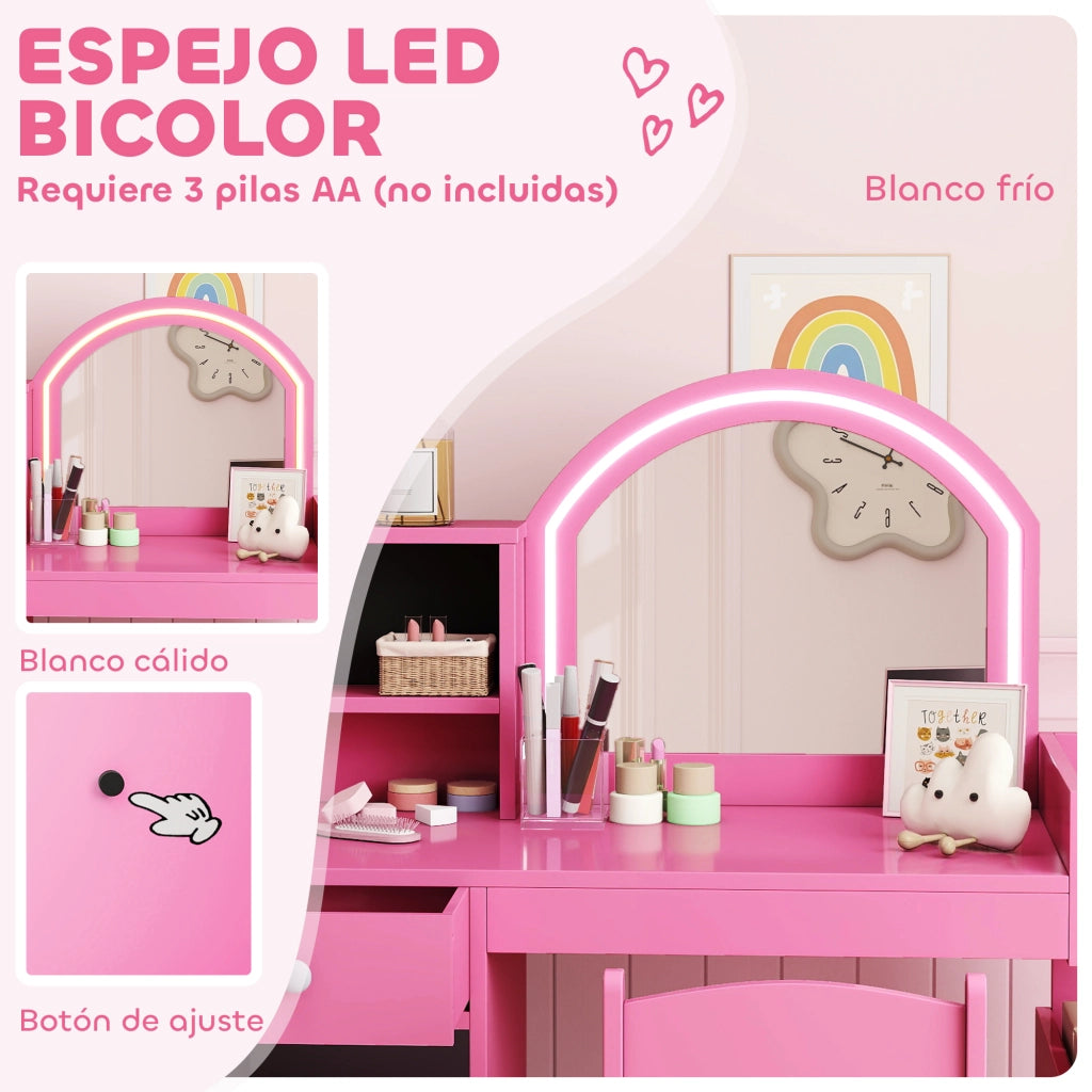 Tocador Bambini con Luce LED e Specchio ¨C Minimal ¨C Rosa, 1 Cassetto e 5 Ripiani