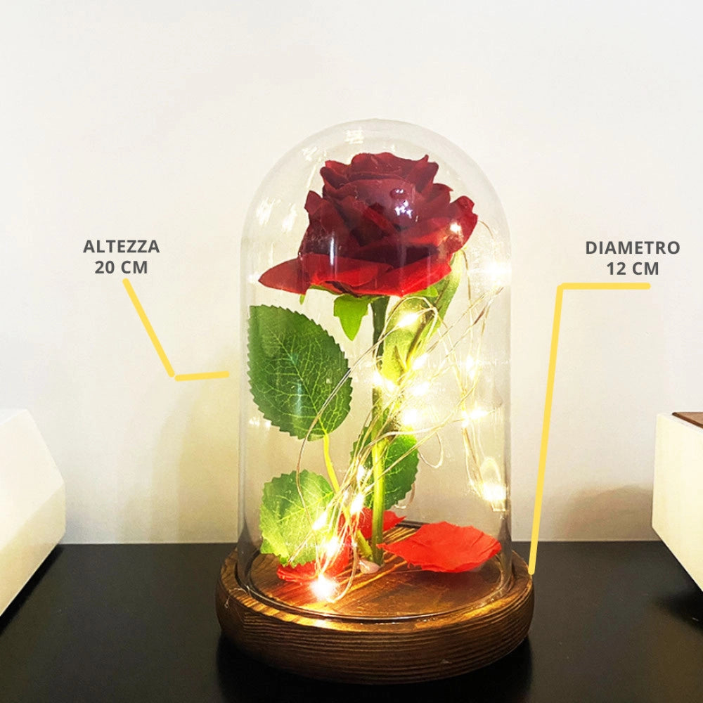 Trade Shop - Rosa Eterna Incantata La Bella E La Bestia In Cupola Con Base Legno E Luci A Led -