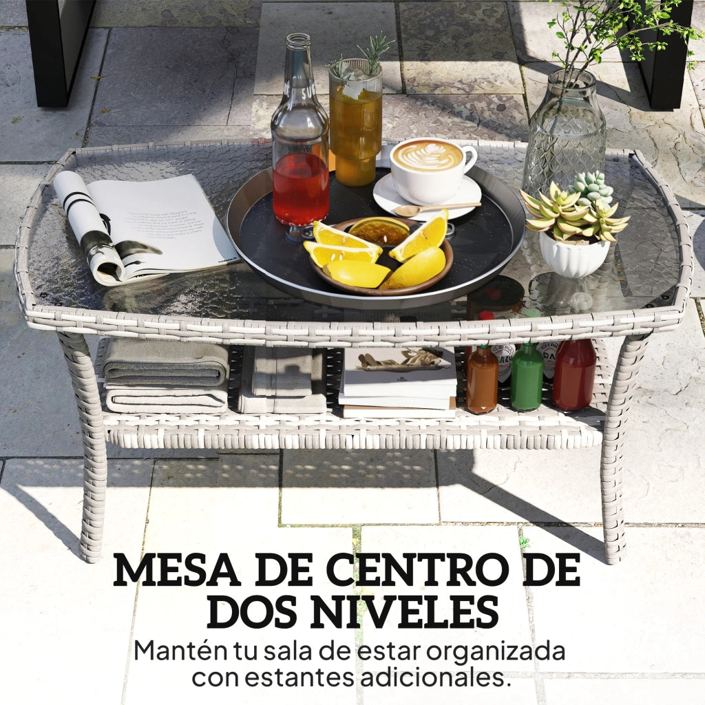 Tavolo da Giardino in Rattan con Piano in Vetro Temperato ¨C zephmum ¨C 90x50x45 cm Grigio Scuro
