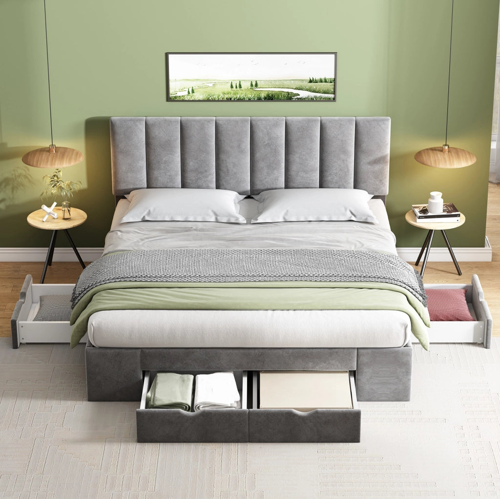 Letto imbottito 160x200 cm in velluto grigio con rete a doghe e 4 cassetti
