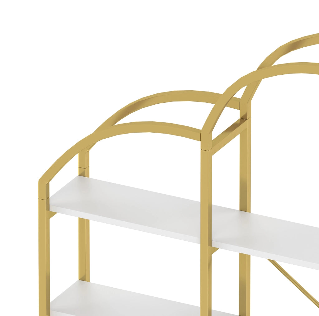 Scaffale a 5 ripiani in metallo e MDF, stile essenziale, oro e bianco