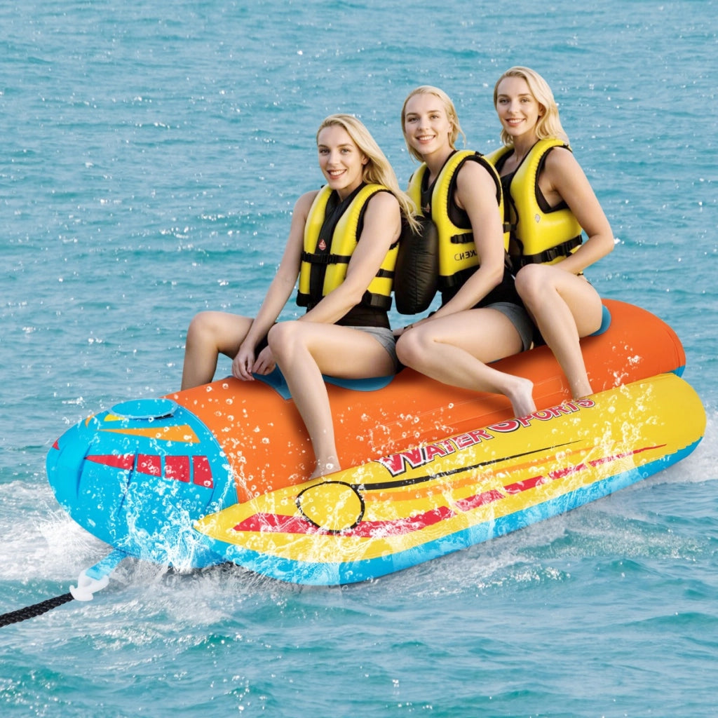 Gommone a banana gonfiabile per 3 persone, Tubo trainabile per sport acquatici e nautici con 3 maniglie imbottite-Sport acquatici