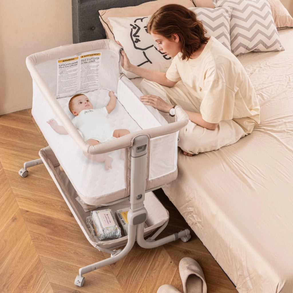 Culla da affiancare per neonati con altezza regolabile a 6 livelli mensola portaoggetti-Culla da letto pieghevole Beige