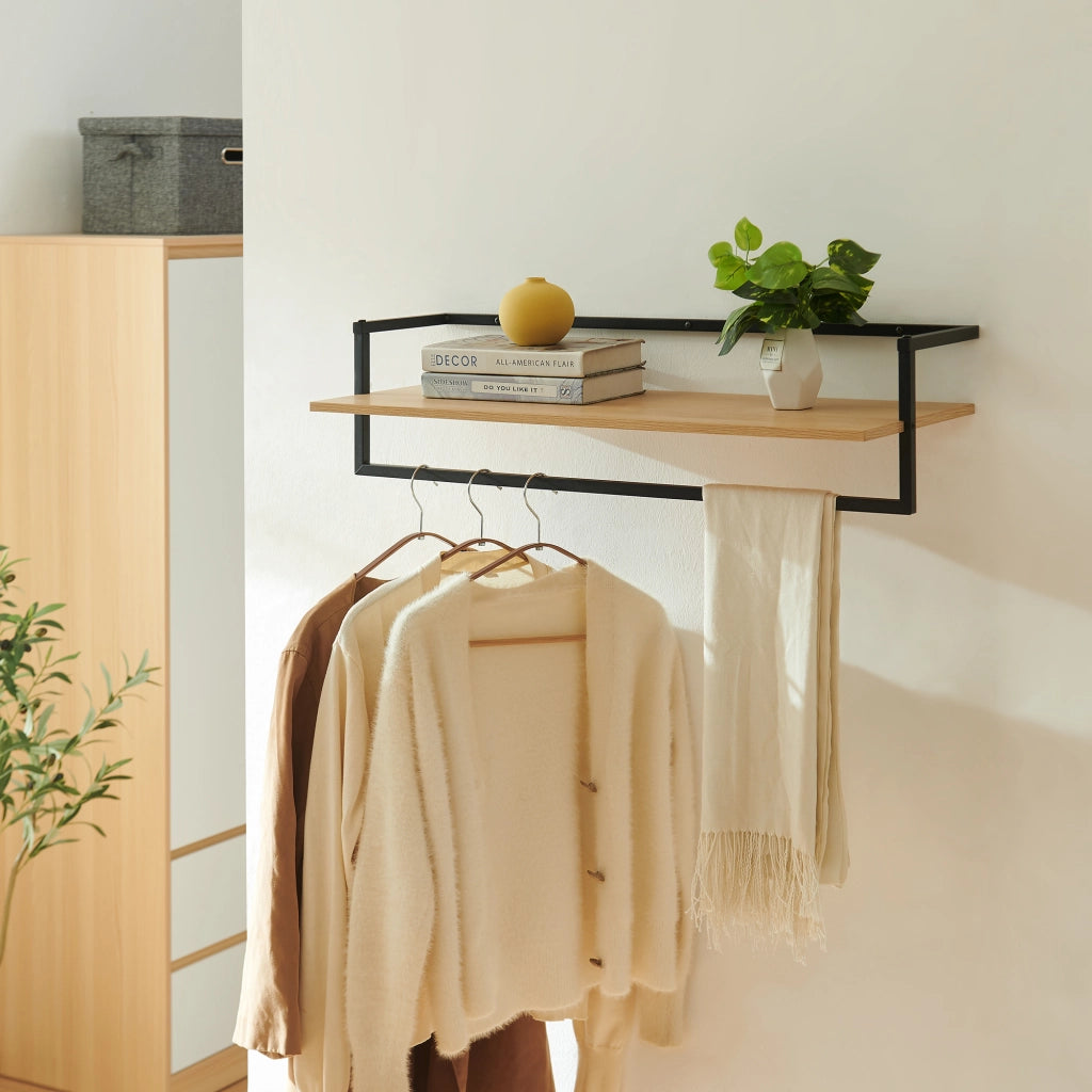 Barra Appendiabiti da Muro Evje con Piano di Appoggio 80 x 30 x 20 cm Effetto Legno / Nero [en.casa]